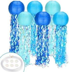 Jellyfish Paper Lanterns,Under The Sea Party Decorations 6Pack with String and Hooks,Hanging Jelly Fish for Mermaid,Ocean Themed,Birthday,Party(Blue 8Inch)
