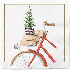 Graphique Watercolor Bike Holiday Cocktail Napkins | Christmas Party | Dessert, Beverage, Coffee | 3-Ply Disposable Paper Napkins | 5” x 5” | 40 pcs