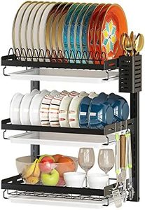 PUSDON Wall Mounted Dish Drying Rack, 3 Tier Stainless Steel Hanging Dish Drainer with Cutlery Holder, Drainboard and Hooks, Fruit Vegetable Kitchen Supplies Plates Bowls Cups Storage Shelf, Black