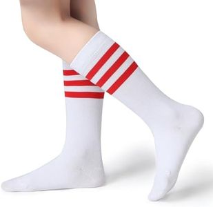 Pareberry Boys Girls Over the Calf Striped Tube Socks Cotton Soft Retro Athletic Knee High Soccer Socks for Kids Age 3-12 (US, Alpha, Large, Regular, C04-Red/White)