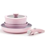 Vkoocy Non Stick Pot and Pan Set with Removable Handle, Ceramic Cookware Set Detachable Handle, 5pcs Induction Kitchen Camping Stackable Pots Pans, Dishwasher/Oven Safe, Pink, CK004pk