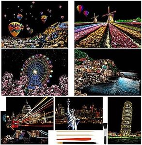 Heyu-Lotus 8pcs Scratch Art Paper Rainbow Painting Sketch City Series Night Art Craft Scratch Scratchboard for Adult and Kids with 5 Tools