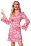 Clarisbelle Halloween Womens Hippie Dance Party Mini Dress Groovy 70s 60s Sparkle V Neck Cosplay Costume Hot Pink L