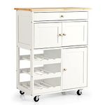 COSTWAY Kitchen Serving Trolley, Rolling Storage Island Cart with Drawer, 3 Tier Wine Racks, 2 Cabinets, Rubber Wood Tabletop & Wheels, Utility Storage Cabinet for Home Office Restaurant (White)