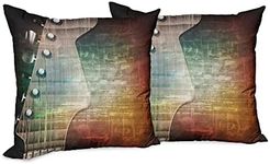 Ambesonne Guitar Decorative Throw Pillow Case Pack of 2, Abstract Grunge Retro Background with Headstock and Tuning Pegs Blues Jazz Music, Couch Bedroom Living Room Cushion Cover, 18", Black Orange