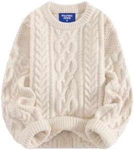 Aelfric Eden Sweaters for Women Oversized Chunky Cable Knit Crew Neck Solid Pullover Sweater Trendy Vintage Fall Tops Beige