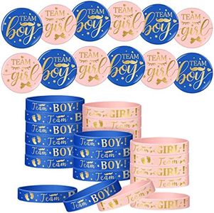 48 Pièces Ensemble de Jeu de Révélation de Sexe, 24 Épingles Boutons de Révélation de Sexe 24 Bracelets en Silicone en Or Rose Team Girl Boy pour Baby Shower (Empreinte, Bleu Marine, Rose)