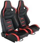 WTRAVEL Racing Seats 2 Pcs Reclinable Bucket Seats with 2 Sliders Adjustable PU Leather Seats Universal Sport Seats for Cars (Black Red, 36.6"×21.2"×21.6")