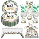 51Pcs Jungle Safari Wild Theme Party Tableware Decorations for Kids Birthday,Green Party Tableware with Animal Jungle Table Cloth,7inch Paper Plates,Paper Napkins for Kids Jungle Safari Party Favor