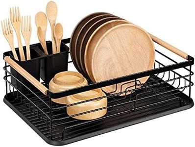 Navaris Dish Drainer Rack - Plate, Silverware, Pots and Pans Drying Rack for Kitchen with Beechwood Handles - Modern Retro Design Drip Tray - Black