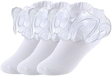 Yepami Big Girls Lace Socks Shimmering Cute Ruffle Comfortable Frilly Dress Ankle Socks 3 Pairs (Silver,M)