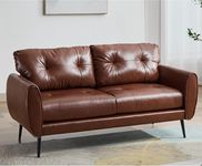 Sofa Couch 61" Small Loveseat Couches for Living Room Chestnut Brown Leather Couch Mid Century Modern Tufted Mini Sofa Comfy Office 2 Seat Settee Love Seat Small Couches for Small Spaces Bedroom