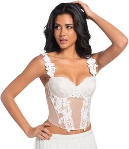 ANIBLU 3D Floral Applique Lace Corset Top for Women with Deep Skin Tone - Sheer Mesh Bustier Crop Top for Party, Going Out and Evening Wear - Small
