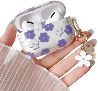 Compatible with AirPods Pro Clear Case,Cute Cartoon Flower Pattern Design with Floral Keychain, Soft TPU Protective Shockproof Case for AirPod Pro for Girls Women-Purple