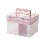 FOREVERIE Small Portable Plastic Storage Box for Beauty Ornaments Hair Nail Accessories, Cosmetic Case with Handle & Removable Tray & a Divider, Sewing Box Organizer, Kids Art Box (Clear & Pink)