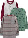 Simple Joys by Carter's Boys' Long-Sleeve Shirts, Pack of 3, Dark Grey Stripes/Grey Dots/Spruce Green Dinosaur, 18 Months