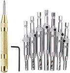 8-Piece Center Drill Bit Set, with 5" Automatic Center Punch, Self Centering Hinge Hole Drilling 1/4" Hex Shank, 5/64'' 7/64'' 9/64'' 11/64'' 13/64'' 5mm 1/4'' (Sliver Set)