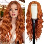 PORSMEER Long Copper Orange Wavy Wig for Women Lace Middle Part Curly Wavy Wig Natural Looking Synthetic Heat Resistant Fiber Wig for Daily Party Use 26 Inch