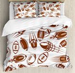 Ambesonne Football Duvet Cover Set Queen Size, Retro Comicbook Style Flying Spinning Balls with Motion Trails Sports Competition, Decorative 3 Piece Bedding Set with 2 Pillow Shams, Brown White