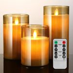 Xcheerful Led Flameless Candles Gold, Battery Operated Flickering Candles Pillar Real Wax Moving Flame Electric Candle Sets Gold Glass Effect with Remote Timer, 4 in, 5 in, 6 in, Christmas Gifts