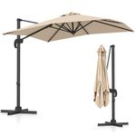 TANGZON Cantilever Garden Parasol, Heavy Duty Offset Patio Umbrella with Crank Handle, Cross Base & 360° Rotation, Outdoor Square Hanging Sun Shade Umbrella, 2.5M, Beige