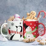 Christmas Coffee Mugs Set of 2, 12 Ounce Holiday Xmas Coffee Mugs Gifts, Red White Winter Snowman Penguin Decor Party Cups for Home School Office Gift