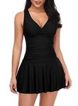 SHEKINI Women's One Piece V Neck Skirted Swimsuit Back Crisscross Ruched Swimdress (Mahanttan Black-A, Large)