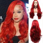 AFBeauty Lace Front Wigs Pre Plucked Hairline Red Real Hair Wigs for Black Women Long Wavy Curly Hot Red Glueless Lace Wig Synthetic Heat Resistant Fiber Hair Cosplay Daily Drag 24Inch Wigs