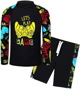 TFJH E Boys Swimwear Long Sleeve Rash Guard Sets UPF 50+ 2PCS Bathing Suits Swimsuits Black Game 4A