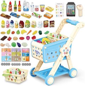RedCrab Kids Shopping Cart,75PCS Toy Shopping Cart Playset with Food Shop Accessories, Adjustable Shopping Cart Arm,Shopping Basket Grocery Store Games for Ages 3 4 5 67 8+ (Blue)