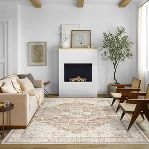 BILEEHOME Boho Farmhouse Bedroom Rug 6x9 Washable Easy Clean Stain Resistant Vintage Country Rustic Neutral Earth Tone Area Rug for Dining Room Under Table,Light Tan Brown and Beige