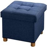 BRIAN & DANY Folding Ottoman Storage Box with Wood Legs, Linen Foot Stool, Footstool with Storage, Highly Elastic Sponge Filling, Navy Blue, 38 x 38 x 38 cm