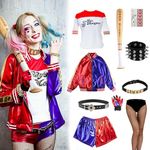 YYKULKEY 10PCS Halloween Harley Costumes Cosplay Set for Adult Women T-shirt Jacket Shorts Puddin Choker Bracelet