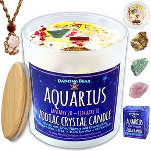 DANCING BEAR Aquarius Zodiac Candle Gift Box Set with 3 Healing Crystals & Stone Holder Necklace, 100% Soy Scented Wax, Crackling Wood Wick, 45 Hour Burn Time