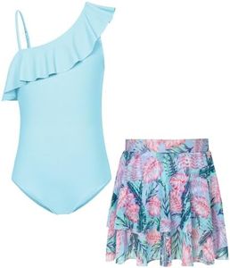 GRACE KARIN Girls One Piece Bathing Suit Size 7 Blue One Sleeve Ruffle Swimsuits with Skirt