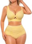 SHAPELLX 2 Piece Swimsuit for Women High Waisted Bikini Tummy Control Bathing Suit V Neck Twist Front Swim Suit (Yellow, Large)