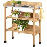 Yaheetech Garden Potting Table, Wooden Planting Potting Bench Work Station with Hooks and Shelves for Patios/Courtyards, Wood