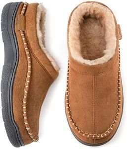 Zigzagger Men's Slip On Moccasin Slippers, Indoor/Outdoor Warm Fuzzy Comfy House Shoes, Fluffy Wide Loafer Slippers, Tan, 9-10