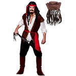 Adult Mens Caribbean Captain Jack Pirate Fancy Dress Costume + Hat With Hair & Beads (Men: Large)