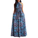 VERWIN Floor Length Lace-Up High Waist Stand Collar Sleeveless Women's Maxi Dress Print Dress Brown, Blue, Medium