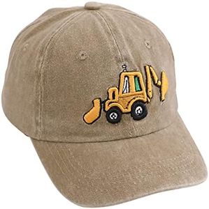 Cute Embroidery Excavator Kids Baseball Cap Adjustable Cotton Washed Vintage Cowboy Hat for Boys Girls Age 2-8 Khaki