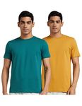 Amazon Brand - Symbol Men's Cotton T Shirt | Round Neck | Half Sleeve | Plain | Combo Pack of 2 - Regular Fit (Available in Plus Size) (Viridian & Inca Gold_L)