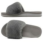 COFACE Womens Slippers with Arch Support for Plantar Fasciitis Relief Open Toe Faux Fur Orthopedic Orthotic Ladies Slippers Slip On Sliders Size 5 grey