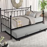 Twin Daybed with Trundle Metal Day Bed Frame with Pullout Trundle, Heavy-Duty Daybed for Living Room Bedroom Kids Teens and Adults, Black