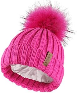 FURTALK Kids Winter Hat Toddler Knitted Beanie Faux Fur Pom Rose Red