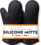 Silicone Oven Mitts with Quilted Cotton Lining - Professional Heat Resistant Potholder Kitchen Gloves - 1 Pair (Black) - Homwe®
