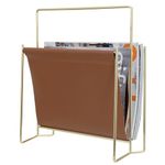 MyGift 13 inch Modern Caramel Leatherette Magazine Holder Floor Standing Sling Style Rack with Brass Tone Metal Frame