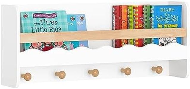SoBuy Étagère Murale Étagère de Rangement Suspendue Porte-Manteau pour Enfants Étagère à Livres Bibliothèque Murale avec 5 Crochets pour Chambre d'enfants, Salle de Jeux 73x15x30cm, KMB78-W