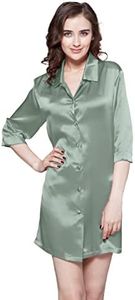 LilySilk Silk Nightgown for Women Mulberry Silk Button-Down Shirt Dress for Spring and Summer with 3/4 Sleeves & Banded Cuffs for Sleeping and Lounging, Avocado Green L