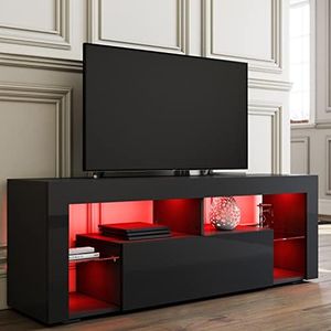 SIRHONA Meuble TV LED Noir, Banc TV 140x35x50.5cm, Éclairage LED RGB avec Couleur réglable, Capacité de Charge 30 kg, Convient pour Salon ou Chambre